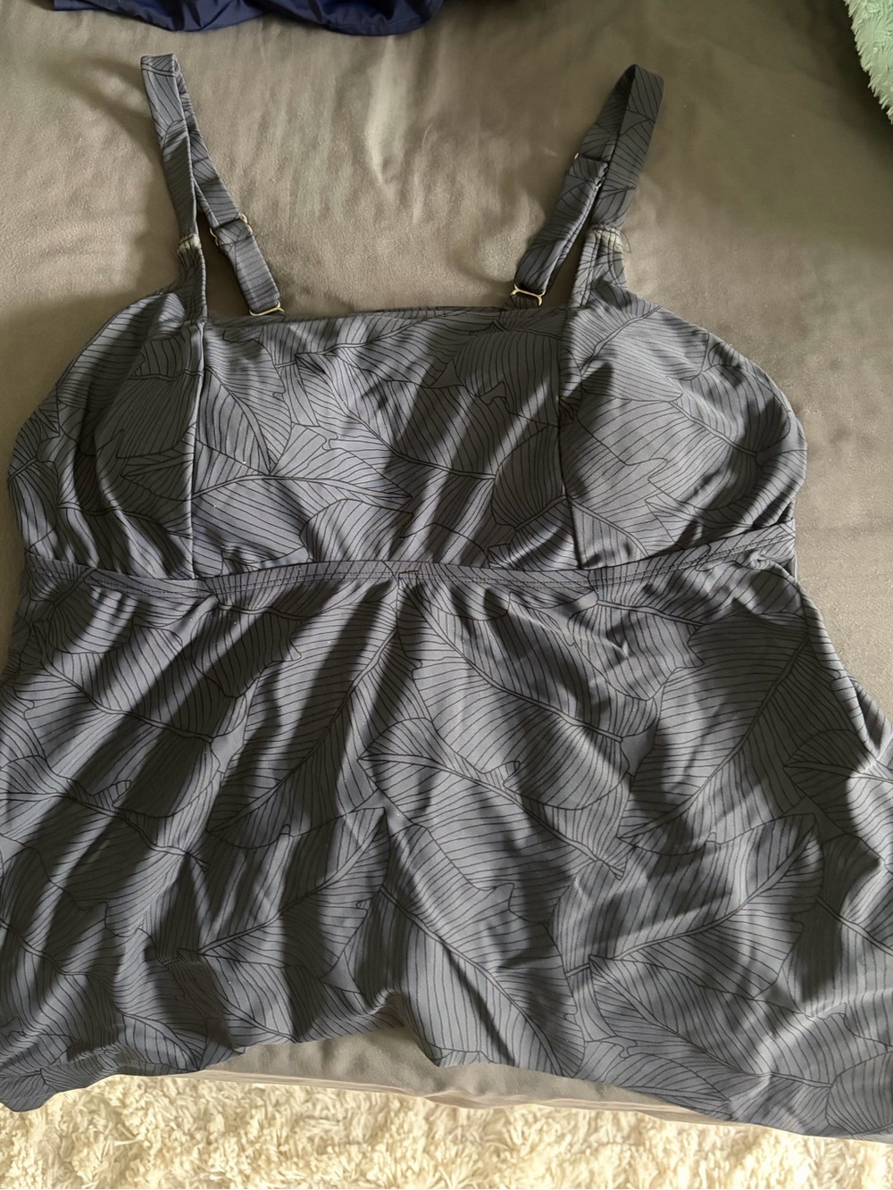 Kona Sol Gray Leaf-Print Swim Tankini with Adjustable Straps